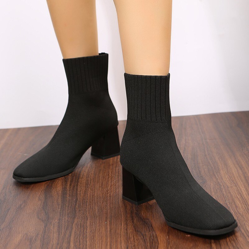 Lovidak Damen Stretch-Strickstiefel - Bequeme Slip-On Ankle Boots mit quadratischer Spitze